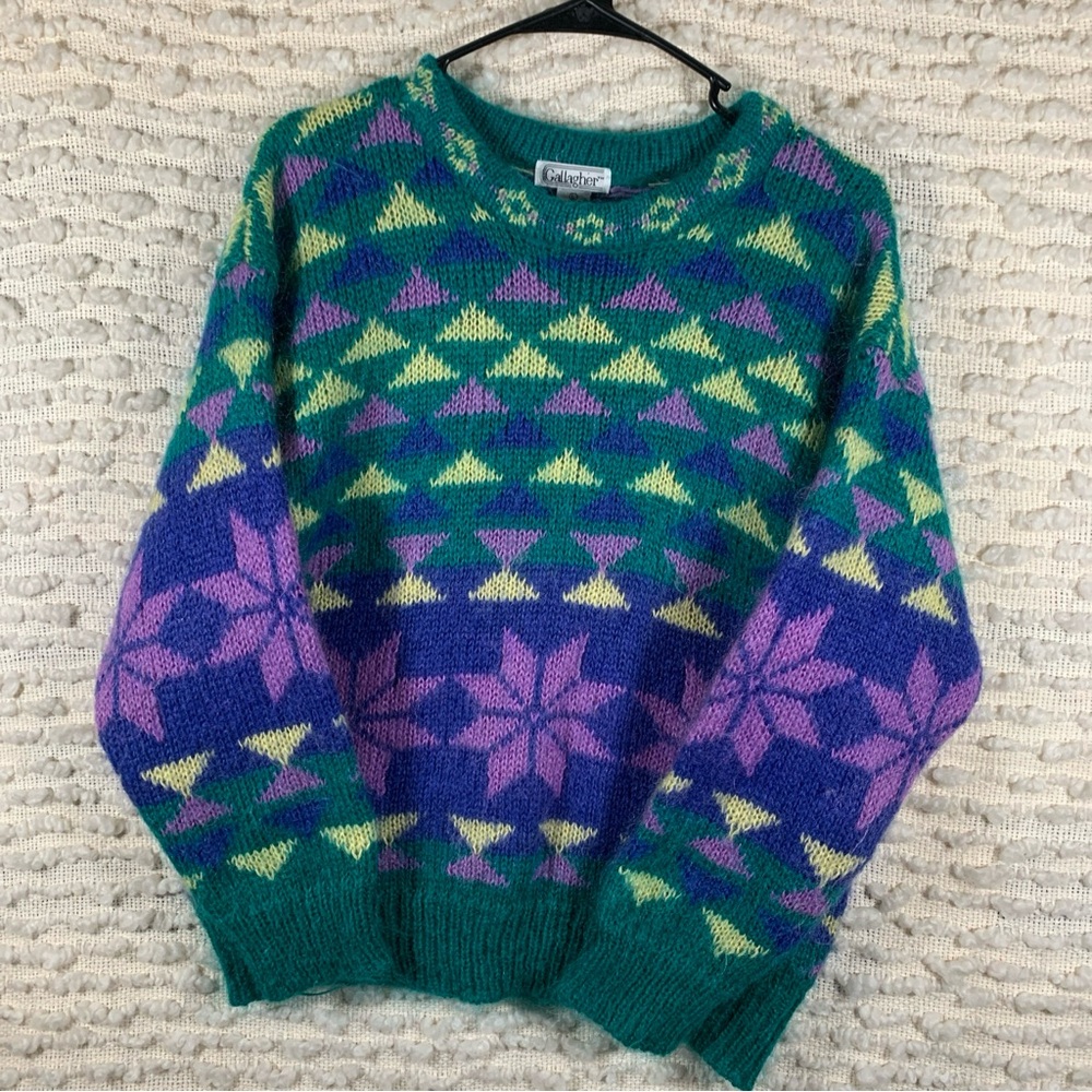 GALLAGHER WOMENS LARGE MOHAIR SWEATSHIRT GEOMETRIC‎ SNOWFLAKES COLORFUL HOLIDAY